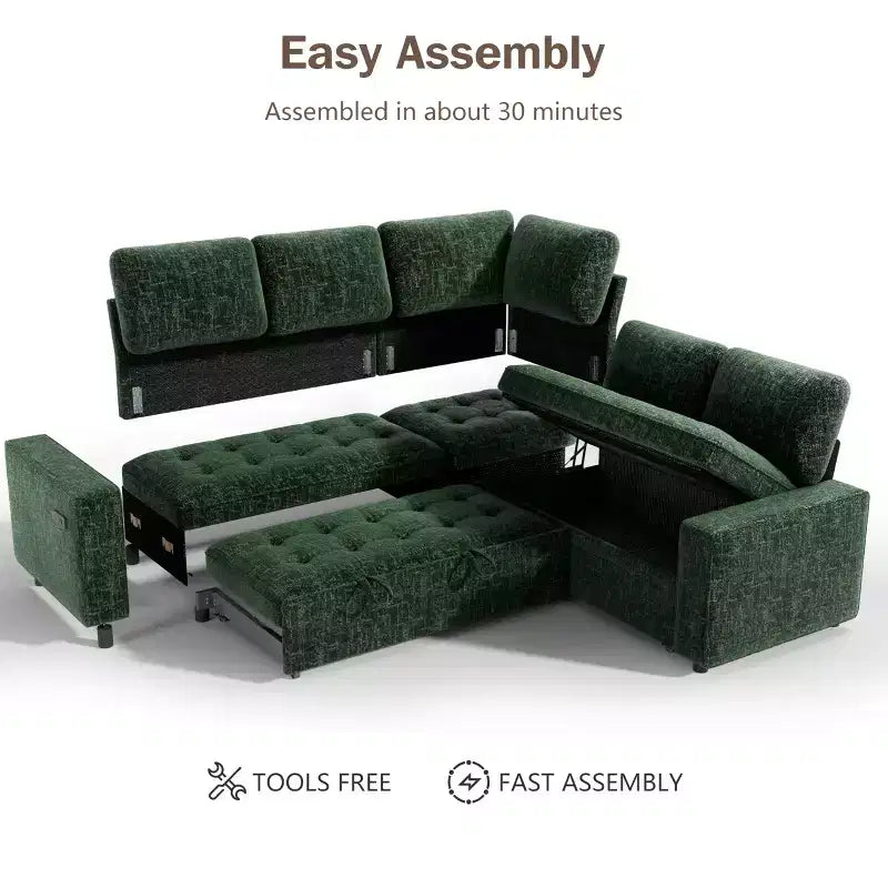 Dyonery 85 Modular Sectional Sofa with Pull Out Bed, Chenille L Shaped 5 Seat Couch with USB Ports, Adjustable Backrest & Storage