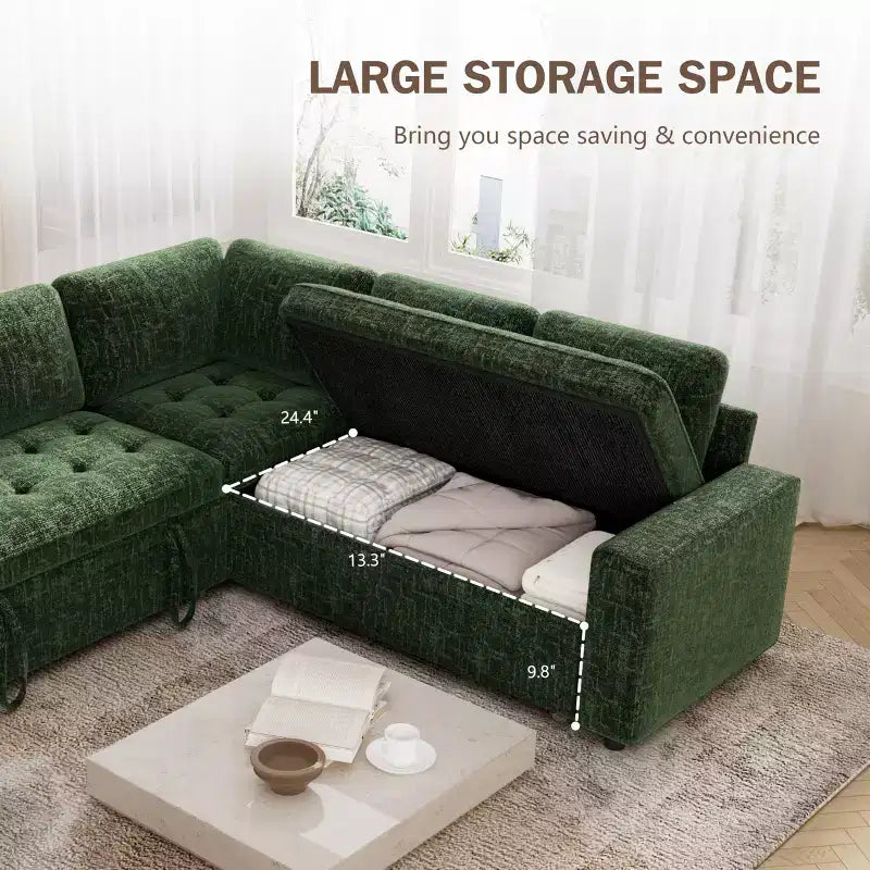 Dyonery 85 Modular Sectional Sofa with Pull Out Bed, Chenille L Shaped 5 Seat Couch with USB Ports, Adjustable Backrest & Storage