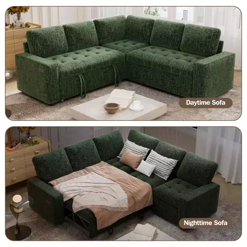 Dyonery 85 Modular Sectional Sofa with Pull Out Bed, Chenille L Shaped 5 Seat Couch with USB Ports, Adjustable Backrest & Storage