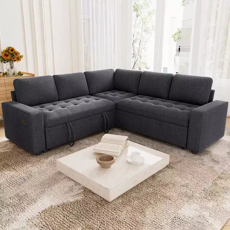 Dyonery 85 Modular Sectional Sofa with Pull Out Bed, Chenille L Shaped 5 Seat Couch with USB Ports, Adjustable Backrest & Storage