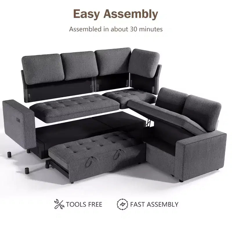 Dyonery 85 Modular Sectional Sofa with Pull Out Bed, Chenille L Shaped 5 Seat Couch with USB Ports, Adjustable Backrest & Storage
