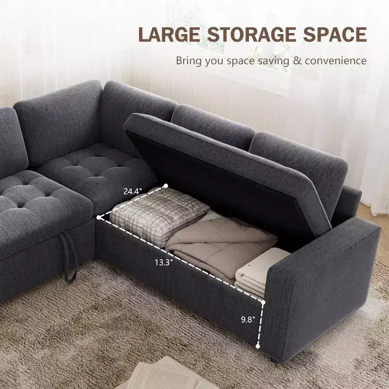 Dyonery 85 Modular Sectional Sofa with Pull Out Bed, Chenille L Shaped 5 Seat Couch with USB Ports, Adjustable Backrest & Storage