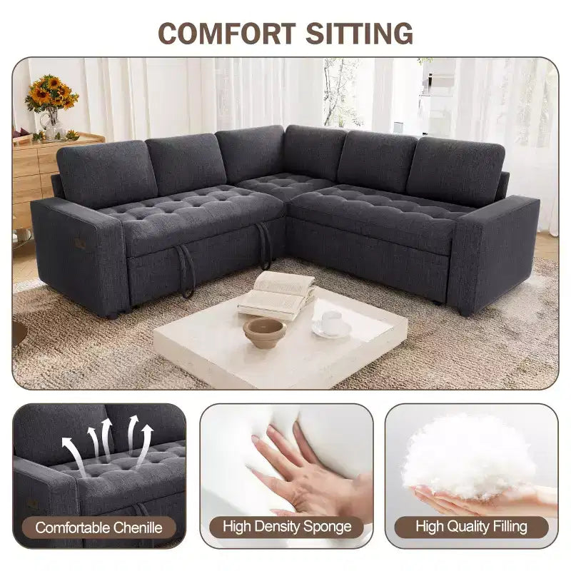 Dyonery 85 Modular Sectional Sofa with Pull Out Bed, Chenille L Shaped 5 Seat Couch with USB Ports, Adjustable Backrest & Storage