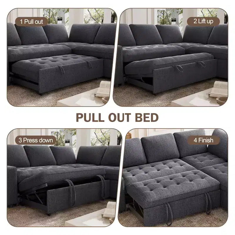 Dyonery 85 Modular Sectional Sofa with Pull Out Bed, Chenille L Shaped 5 Seat Couch with USB Ports, Adjustable Backrest & Storage