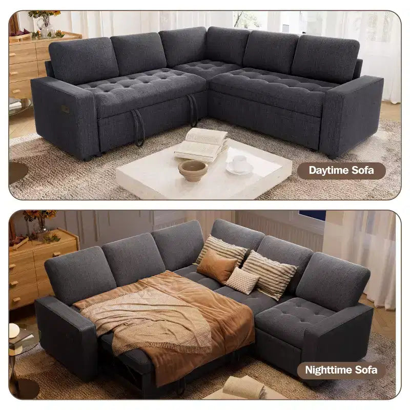 Dyonery 85 Modular Sectional Sofa with Pull Out Bed, Chenille L Shaped 5 Seat Couch with USB Ports, Adjustable Backrest & Storage