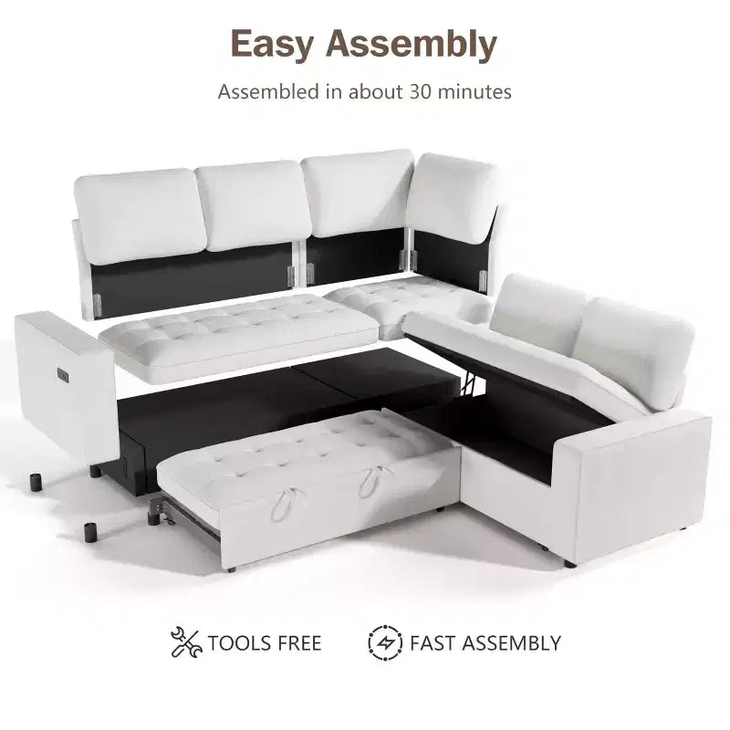 Dyonery 85 Modular Sectional Sofa with Pull Out Bed, Chenille L Shaped 5 Seat Couch with USB Ports, Adjustable Backrest & Storage