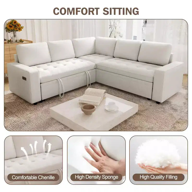 Dyonery 85 Modular Sectional Sofa with Pull Out Bed, Chenille L Shaped 5 Seat Couch with USB Ports, Adjustable Backrest & Storage