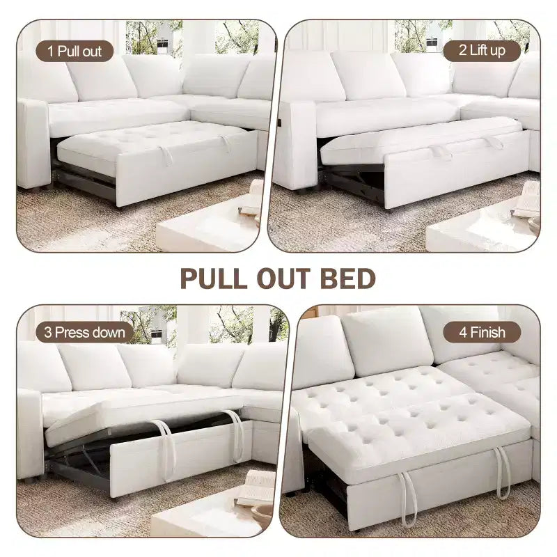Dyonery 85 Modular Sectional Sofa with Pull Out Bed, Chenille L Shaped 5 Seat Couch with USB Ports, Adjustable Backrest & Storage