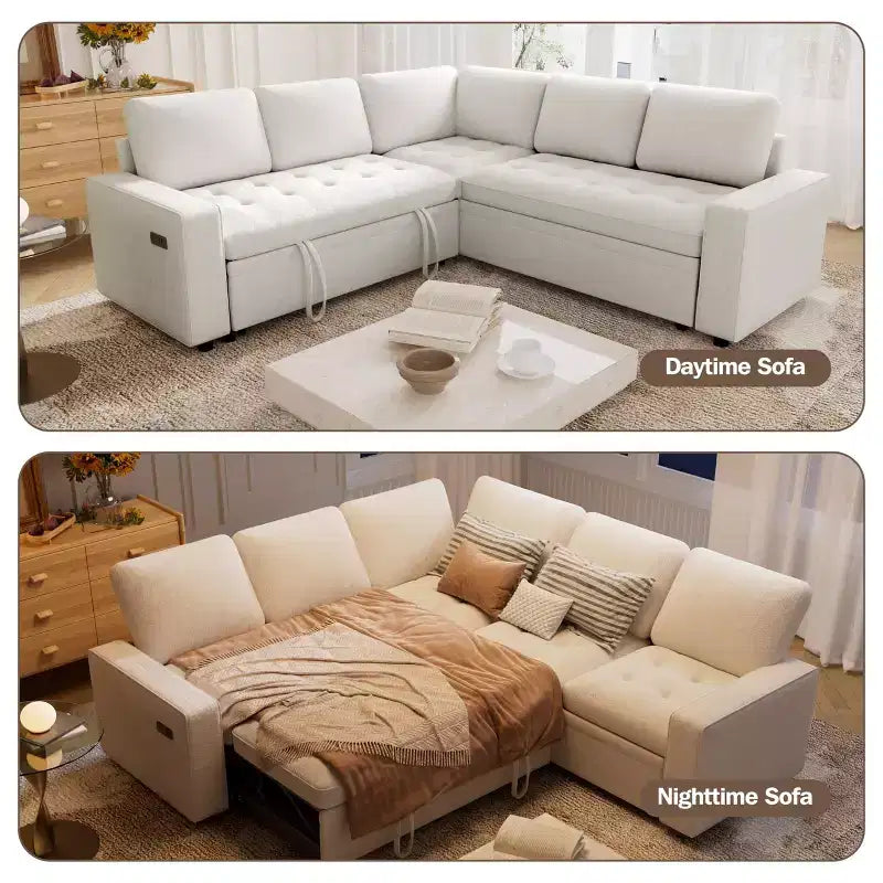 Dyonery 85 Modular Sectional Sofa with Pull Out Bed, Chenille L Shaped 5 Seat Couch with USB Ports, Adjustable Backrest & Storage