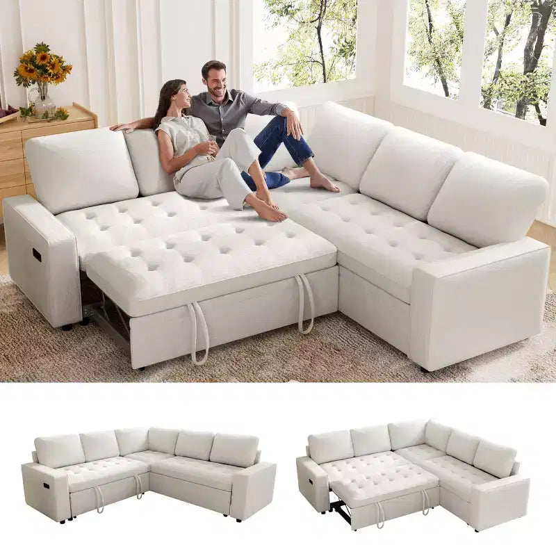 Dyonery 85 Modular Sectional Sofa with Pull Out Bed, Chenille L Shaped 5 Seat Couch with USB Ports, Adjustable Backrest & Storage
