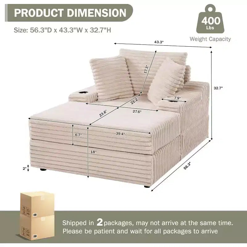 Oversized Chaise Lounge Chair Indoor with Storage, Upholstered Corduroy Sofa Bed Cloud Couch with 3 Pillows,Single Sleeper Sofa Chair for Home