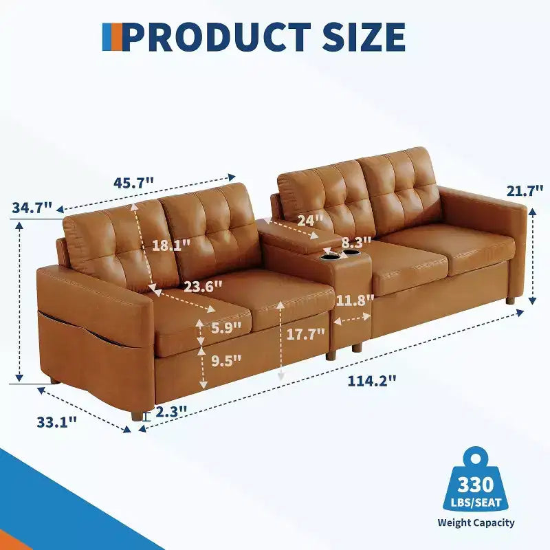 Modular Sectional 4-Seater Sofa, Velvet 115 Inch Compact caoch with Storage Console, Charging Station & Cup Holders,Deep Seats Couch for Home