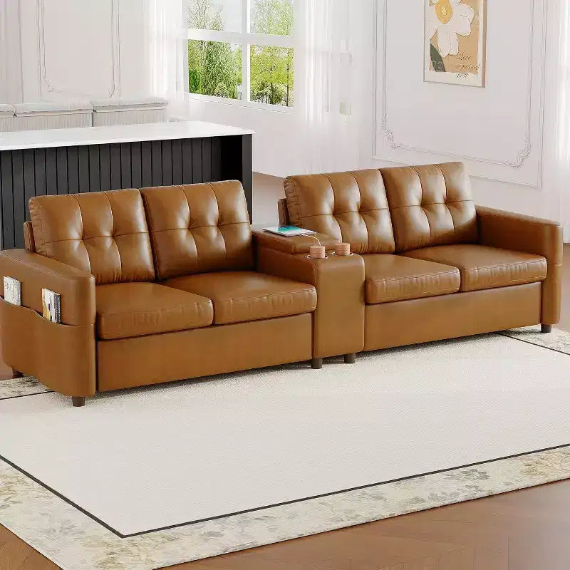 Modular Sectional 4-Seater Sofa, Velvet 115 Inch Compact caoch with Storage Console, Charging Station & Cup Holders,Deep Seats Couch for Home