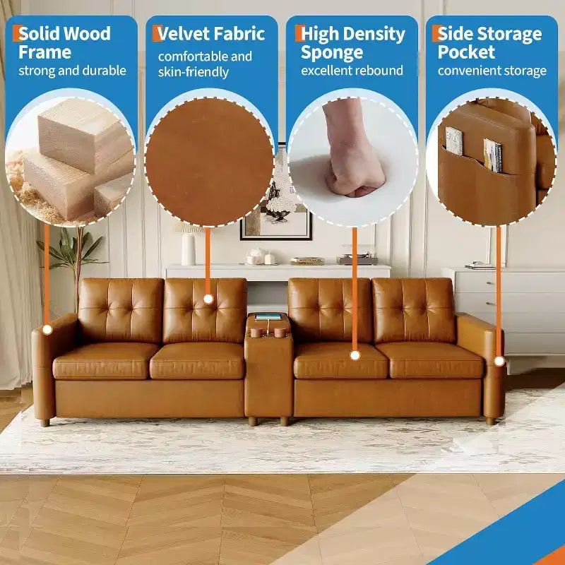 Modular Sectional 4-Seater Sofa, Velvet 115 Inch Compact caoch with Storage Console, Charging Station & Cup Holders,Deep Seats Couch for Home