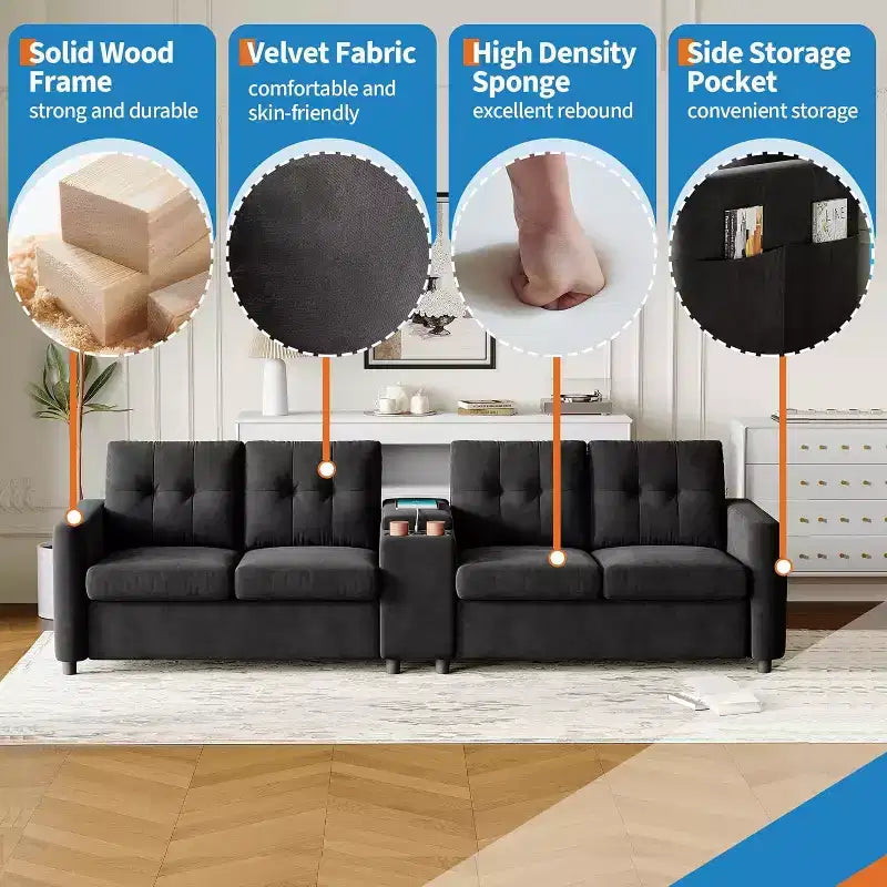 Modular Sectional 4-Seater Sofa, Velvet 115 Inch Compact caoch with Storage Console, Charging Station & Cup Holders,Deep Seats Couch for Home