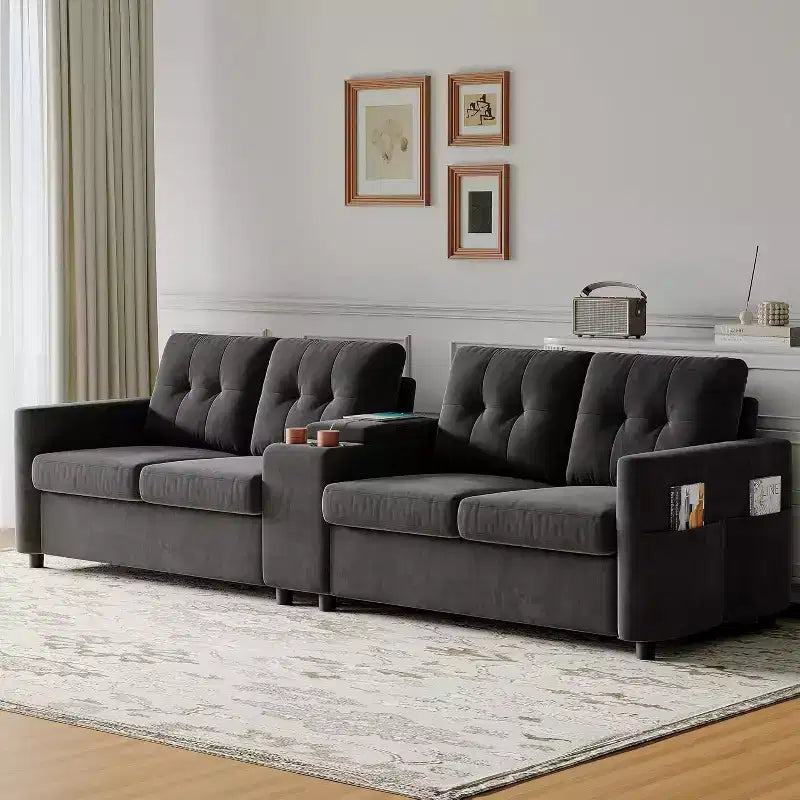 Modular Sectional 4-Seater Sofa, Velvet 115 Inch Compact caoch with Storage Console, Charging Station & Cup Holders,Deep Seats Couch for Home