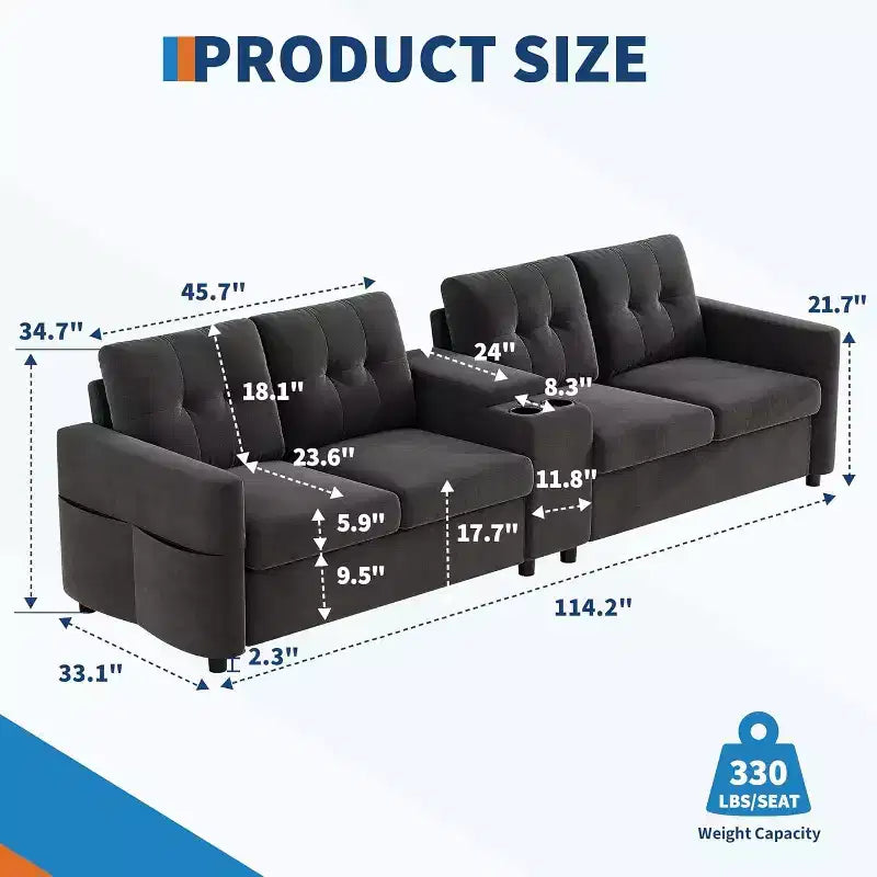 Modular Sectional 4-Seater Sofa, Velvet 115 Inch Compact caoch with Storage Console, Charging Station & Cup Holders,Deep Seats Couch for Home