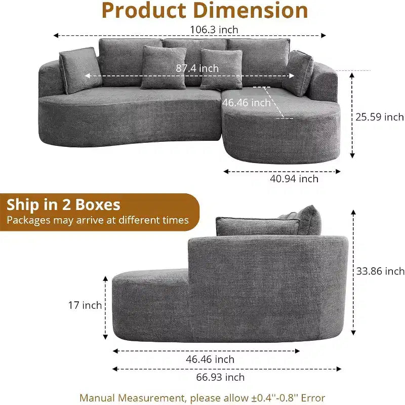 106 Modern Curved Sectional Cloud Sofa with Chaise Lounge, Modular Chenille Fabric Convertible Compression Sleeper Couch, for Home Office