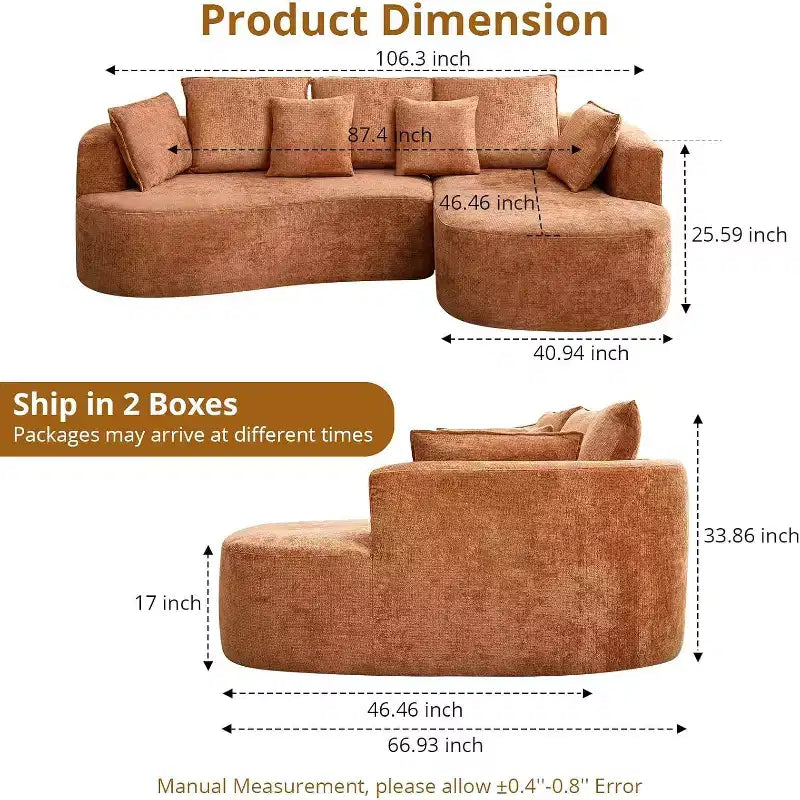 106 Modern Curved Sectional Cloud Sofa with Chaise Lounge, Modular Chenille Fabric Convertible Compression Sleeper Couch, for Home Office