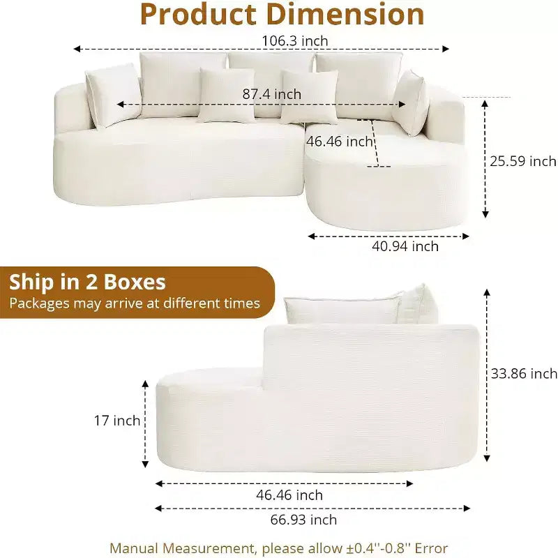 106 Modern Curved Sectional Cloud Sofa with Chaise Lounge, Modular Chenille Fabric Convertible Compression Sleeper Couch, for Home Office