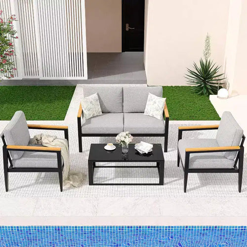 4-Piece Aluminum Patio Furniture Set, Removable Cushions, Tempered Glass Table for Outdoor Conversations, Light Grey