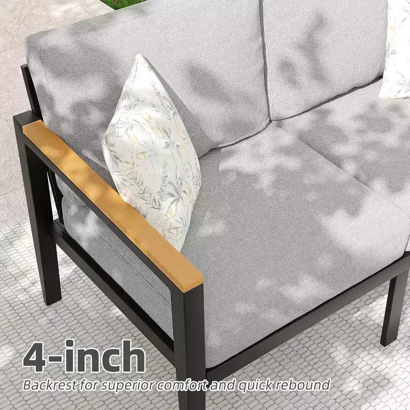 Ensemble de meubles de patio 4 pièces en aluminium, coussins amovibles, table en verre trempé pour conversations en extérieur, gris clair