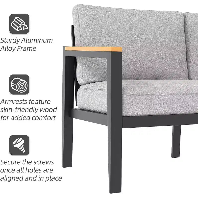 Ensemble de meubles de patio 4 pièces en aluminium, coussins amovibles, table en verre trempé pour conversations en extérieur, gris clair