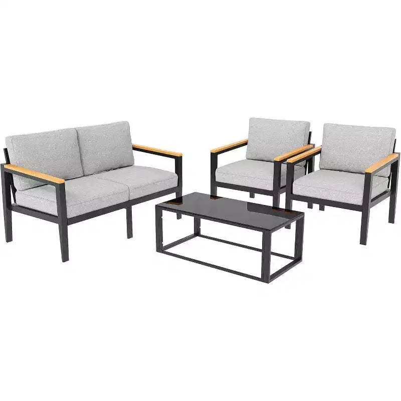 Ensemble de meubles de patio 4 pièces en aluminium, coussins amovibles, table en verre trempé pour conversations en extérieur, gris clair