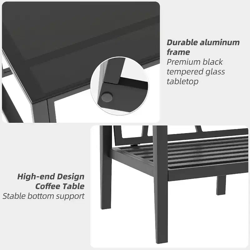 Ensemble de meubles de patio 4 pièces en aluminium, coussins amovibles, table en verre trempé pour conversations en extérieur, gris clair