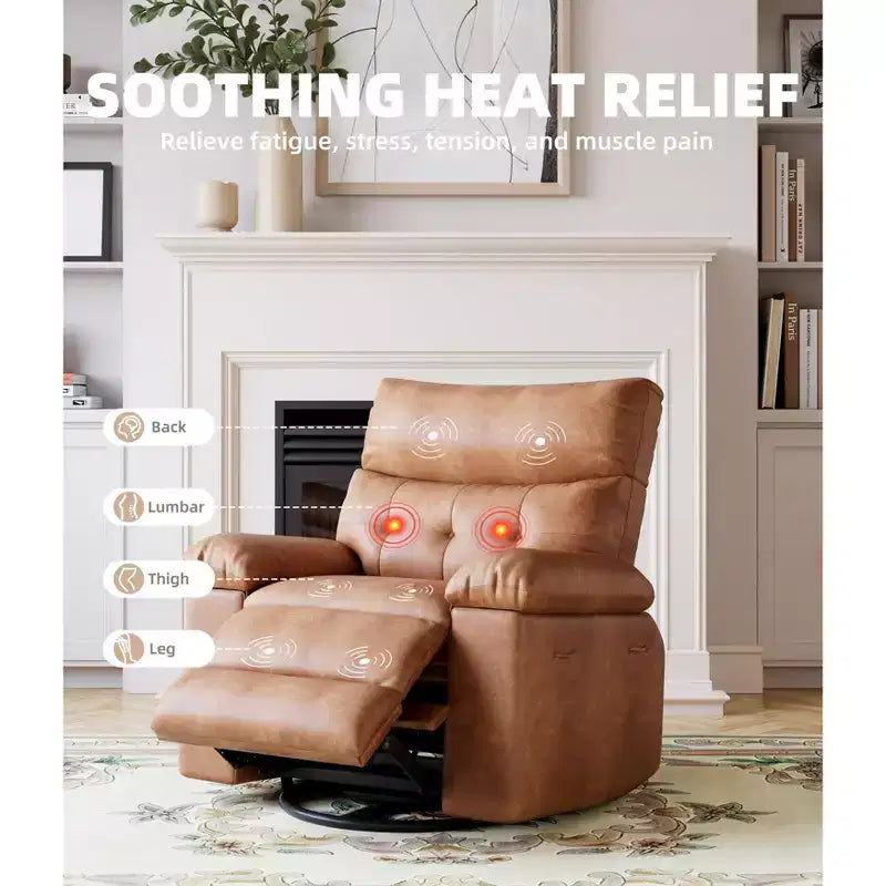 Extra-large massage and heated rocking chair, 360 rotating recliner, with remote control, cup holder and side pockets, ergonomically designed.