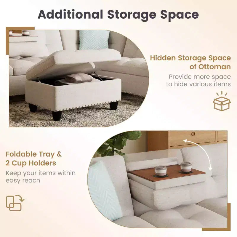 Costway 98 L-Shaped Sofa with Movable Storage Ottoman Linen Fabric Backs Seats Cup Holders Beige/Dark Gray