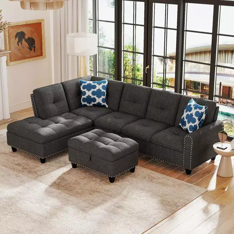 Costway 98 L-Shaped Sofa with Movable Storage Ottoman Linen Fabric Backs Seats Cup Holders Beige/Dark Gray