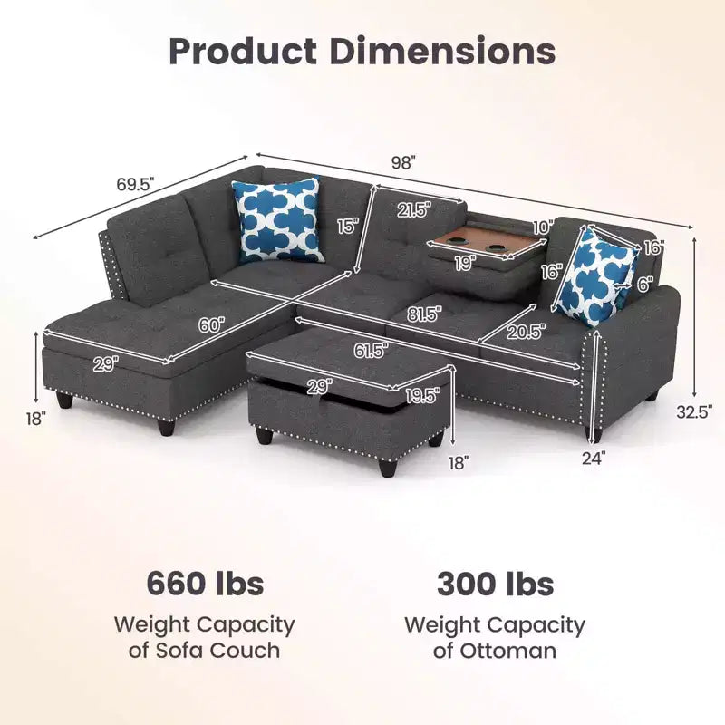 Costway 98 L-Shaped Sofa with Movable Storage Ottoman Linen Fabric Backs Seats Cup Holders Beige/Dark Gray