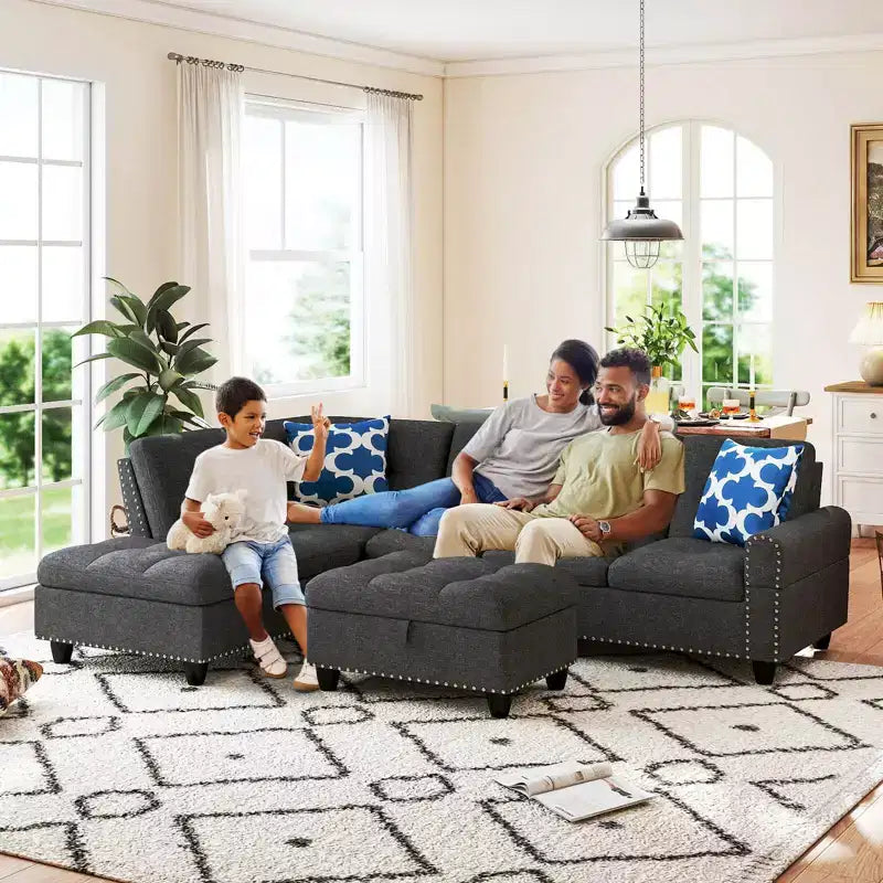 Costway 98 L-Shaped Sofa with Movable Storage Ottoman Linen Fabric Backs Seats Cup Holders Beige/Dark Gray