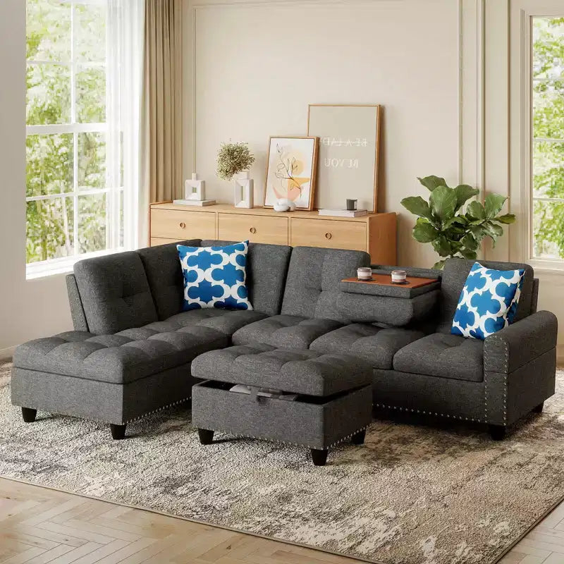 Costway 98 L-Shaped Sofa with Movable Storage Ottoman Linen Fabric Backs Seats Cup Holders Beige/Dark Gray