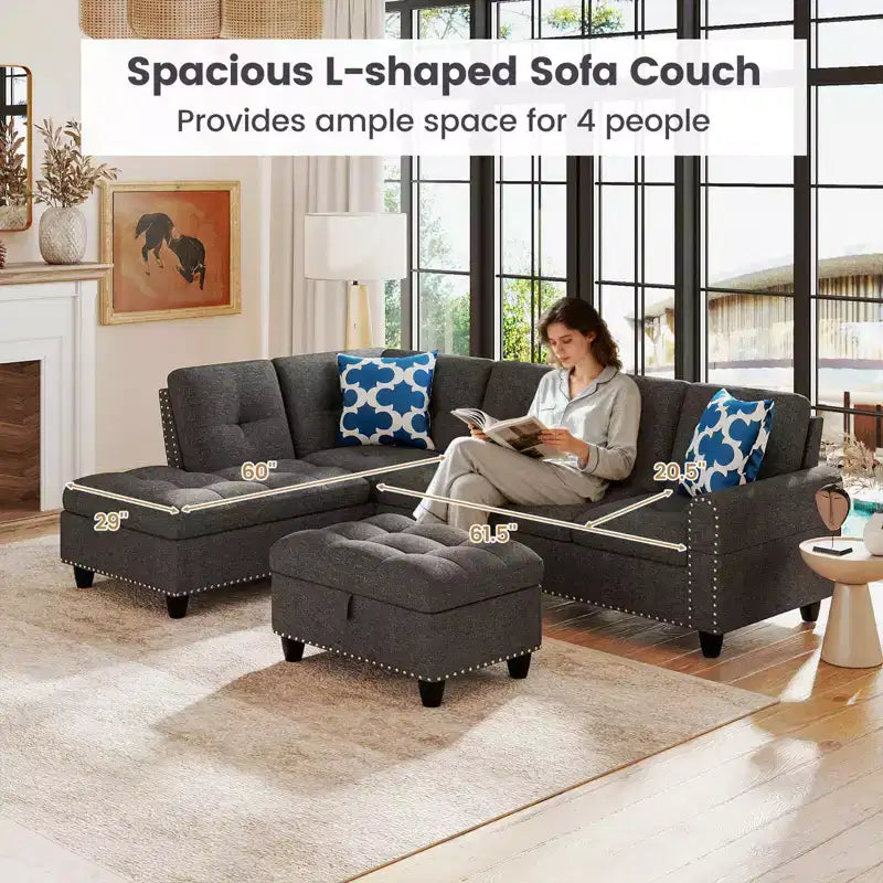 Costway 98 L-Shaped Sofa with Movable Storage Ottoman Linen Fabric Backs Seats Cup Holders Beige/Dark Gray