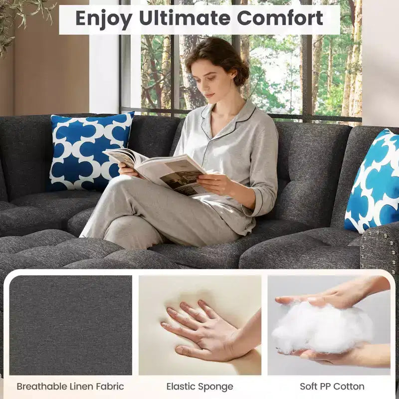 Costway 98 L-Shaped Sofa with Movable Storage Ottoman Linen Fabric Backs Seats Cup Holders Beige/Dark Gray
