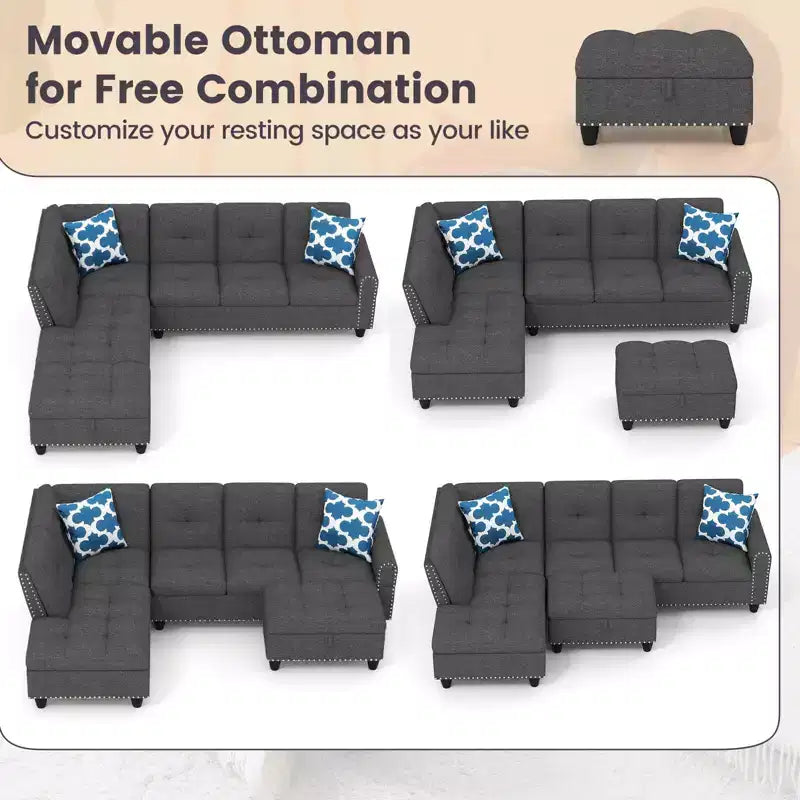 Costway 98 L-Shaped Sofa with Movable Storage Ottoman Linen Fabric Backs Seats Cup Holders Beige/Dark Gray