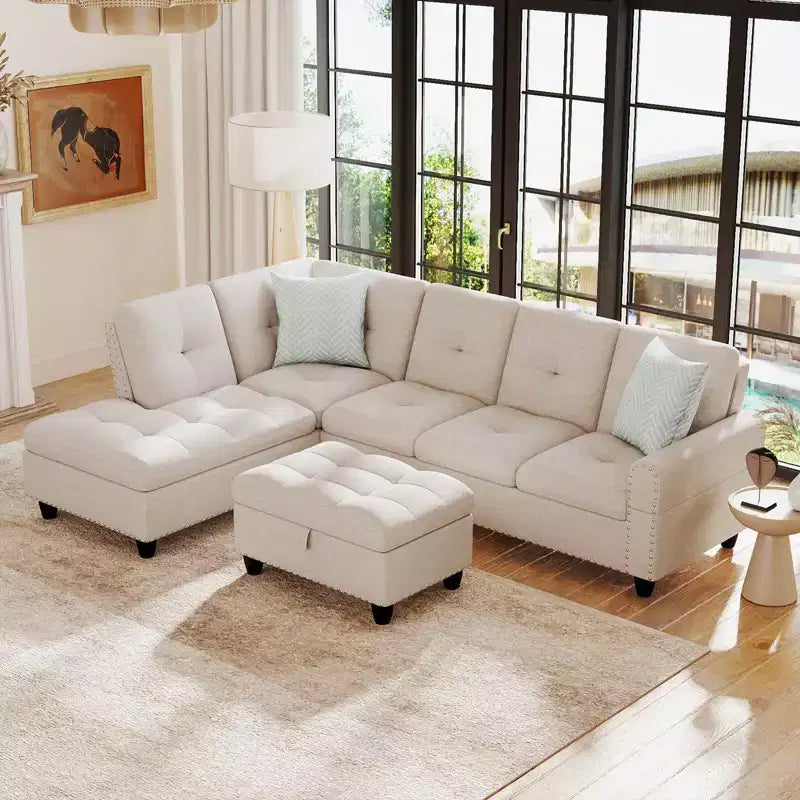 Costway 98 L-Shaped Sofa with Movable Storage Ottoman Linen Fabric Backs Seats Cup Holders Beige/Dark Gray