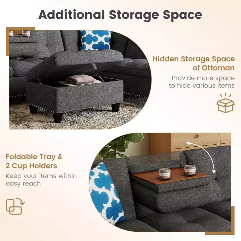Costway 98 L-Shaped Sofa with Movable Storage Ottoman Linen Fabric Backs Seats Cup Holders Beige/Dark Gray