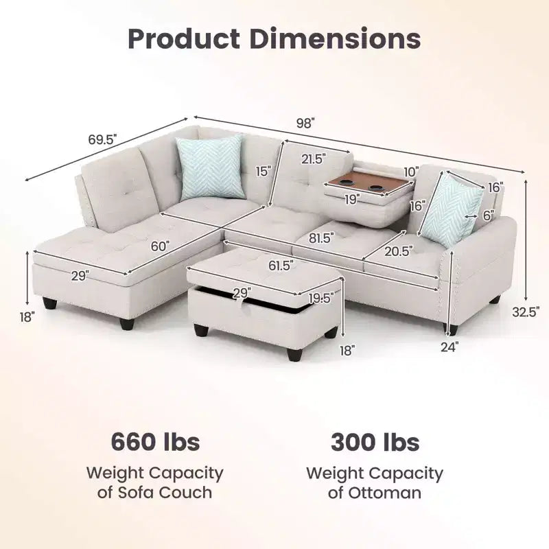 Costway 98 L-Shaped Sofa with Movable Storage Ottoman Linen Fabric Backs Seats Cup Holders Beige/Dark Gray