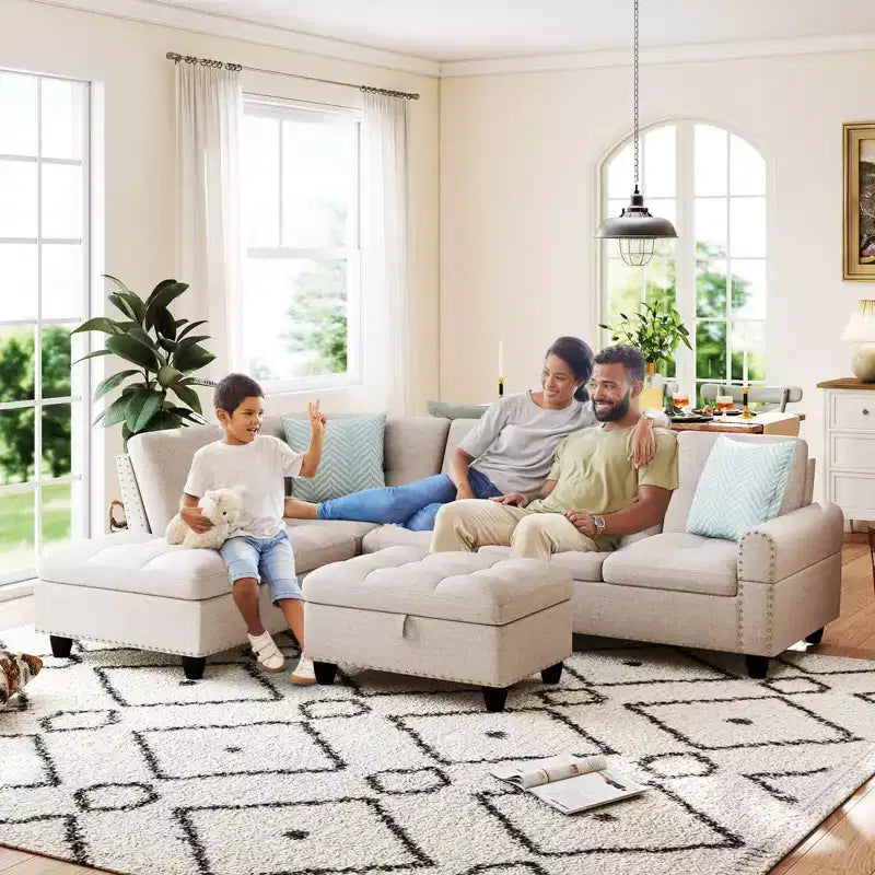 Costway 98 L-Shaped Sofa with Movable Storage Ottoman Linen Fabric Backs Seats Cup Holders Beige/Dark Gray
