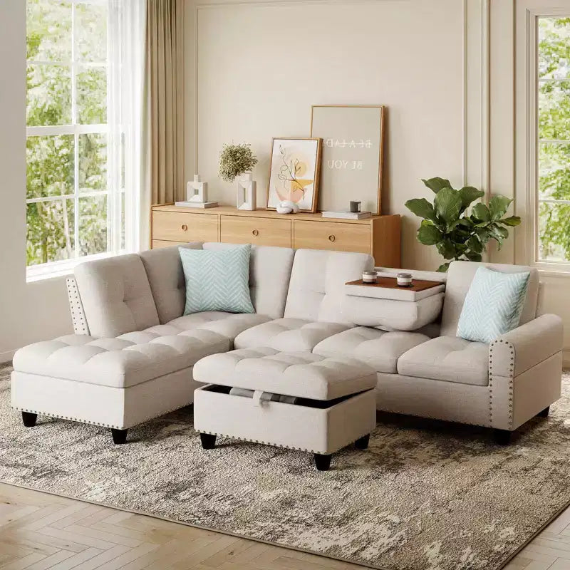 Costway 98 L-Shaped Sofa with Movable Storage Ottoman Linen Fabric Backs Seats Cup Holders Beige/Dark Gray