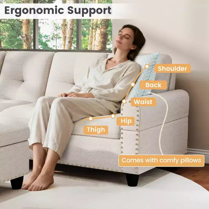 Costway 98 L-Shaped Sofa with Movable Storage Ottoman Linen Fabric Backs Seats Cup Holders Beige/Dark Gray