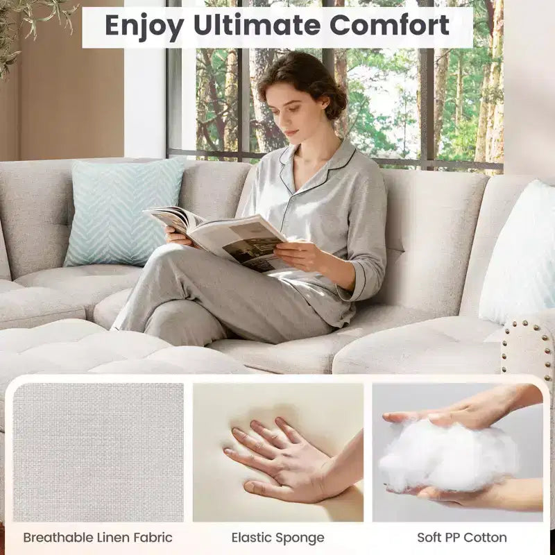Costway 98 L-Shaped Sofa with Movable Storage Ottoman Linen Fabric Backs Seats Cup Holders Beige/Dark Gray