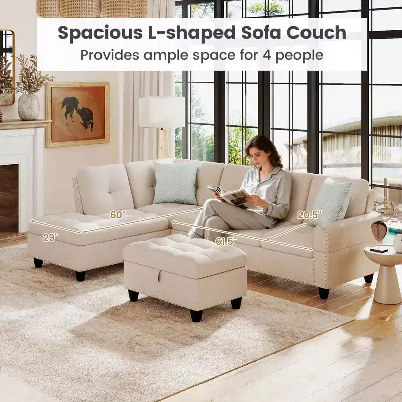 Costway 98 L-Shaped Sofa with Movable Storage Ottoman Linen Fabric Backs Seats Cup Holders Beige/Dark Gray