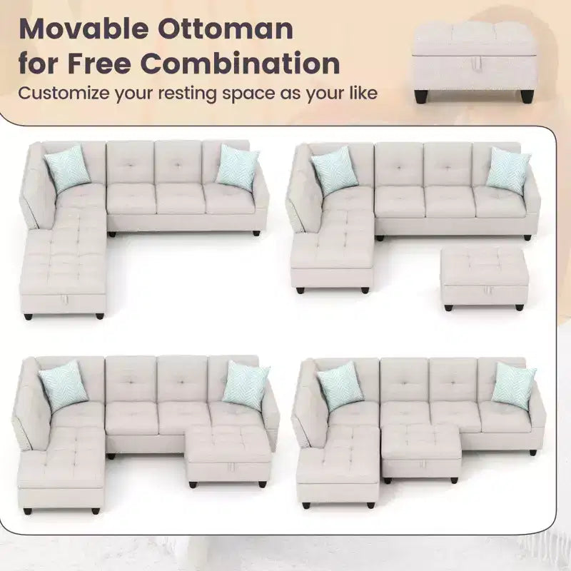 Costway 98 L-Shaped Sofa with Movable Storage Ottoman Linen Fabric Backs Seats Cup Holders Beige/Dark Gray