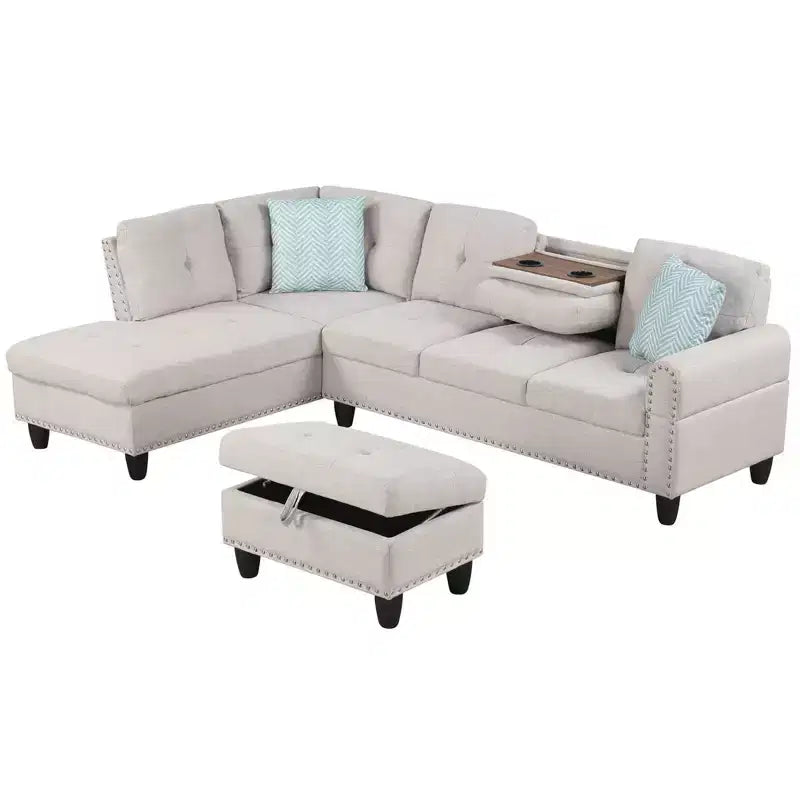 Costway 98 L-Shaped Sofa with Movable Storage Ottoman Linen Fabric Backs Seats Cup Holders Beige/Dark Gray