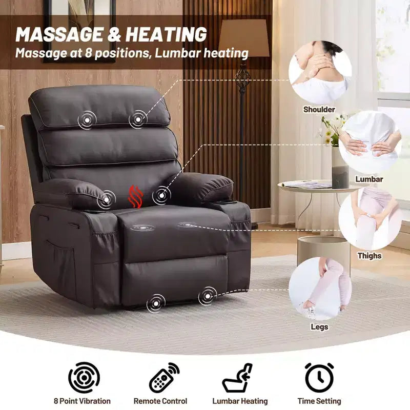 Extra Wide PU Leather Recliner Chair for Adults with Massage & Heat  Cup Holder, Side Pockets, Plush Comfort for Living Room & Bedroom