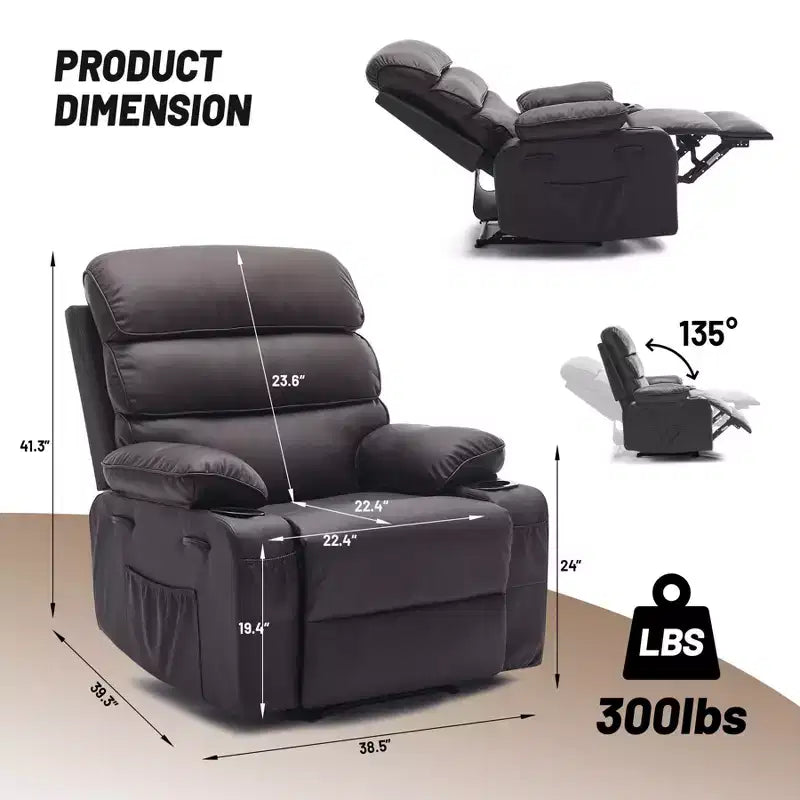 Extra Wide PU Leather Recliner Chair for Adults with Massage & Heat  Cup Holder, Side Pockets, Plush Comfort for Living Room & Bedroom